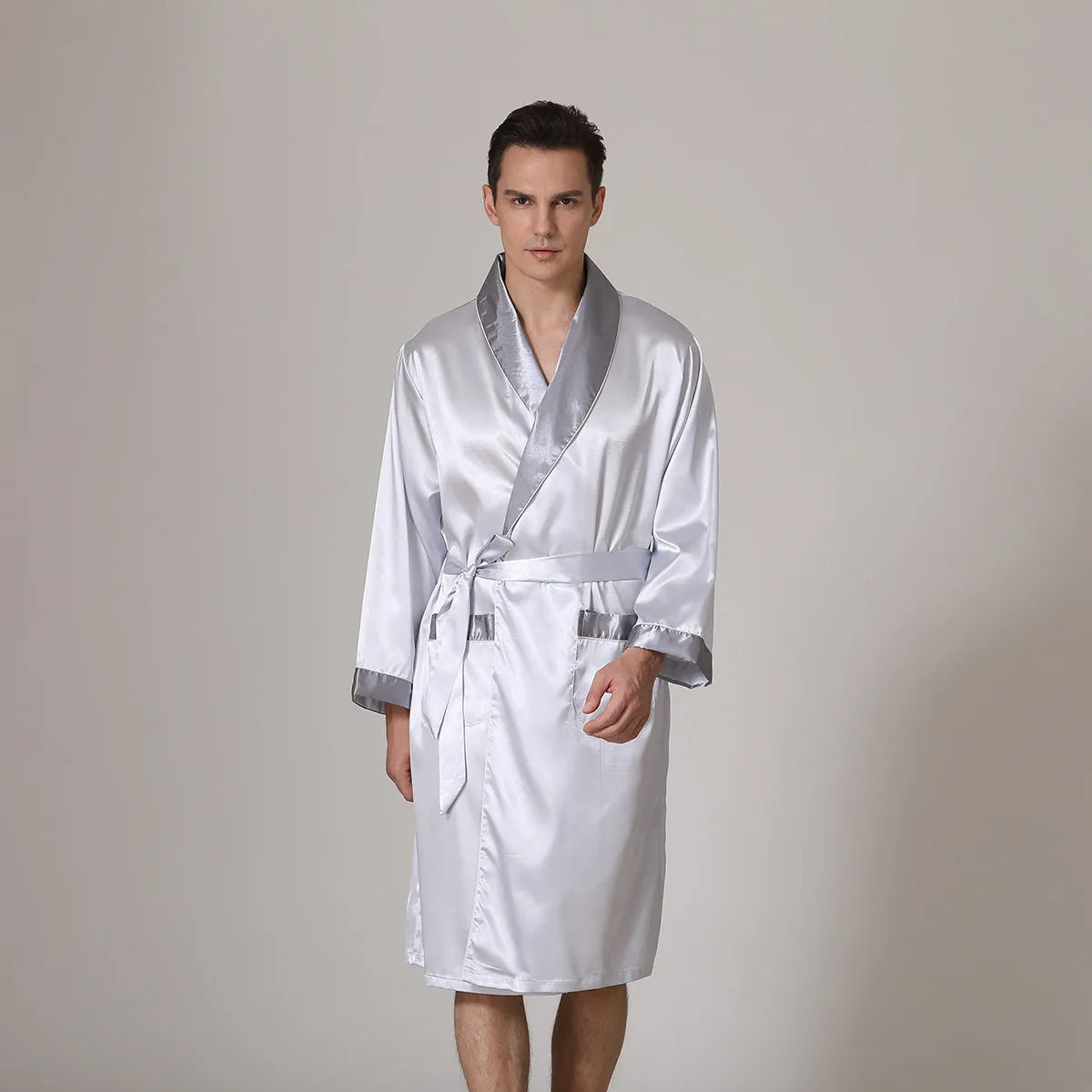 Men's lightweight summer silk bathrobe in rayon blend fabric showing colour pattern options