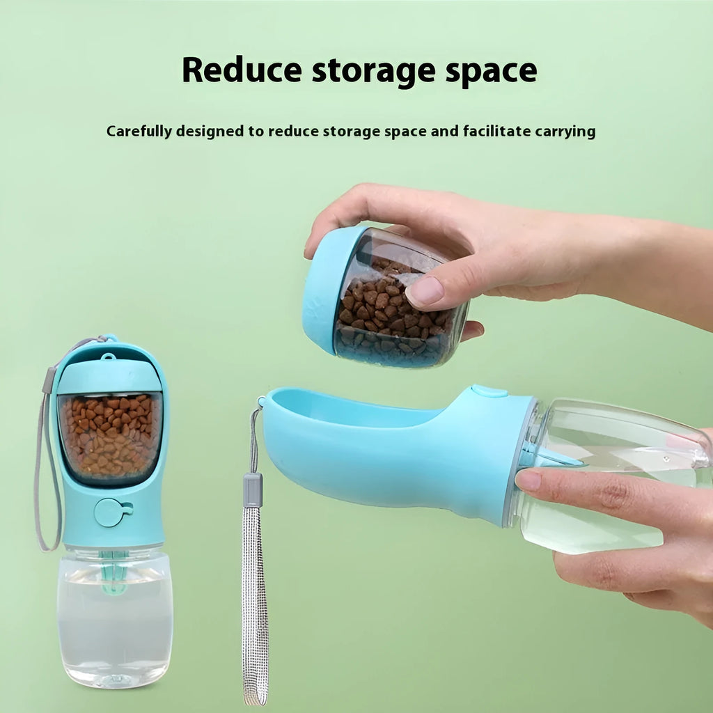 Blue two-in-one dog water cup showing combined drinking bowl and water storage bottle design