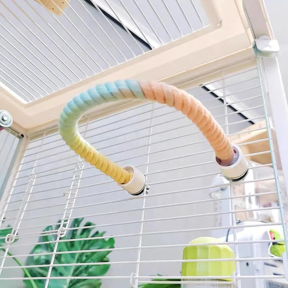 Gradient colour bird rope perch with U-shape and circular swing on a cage