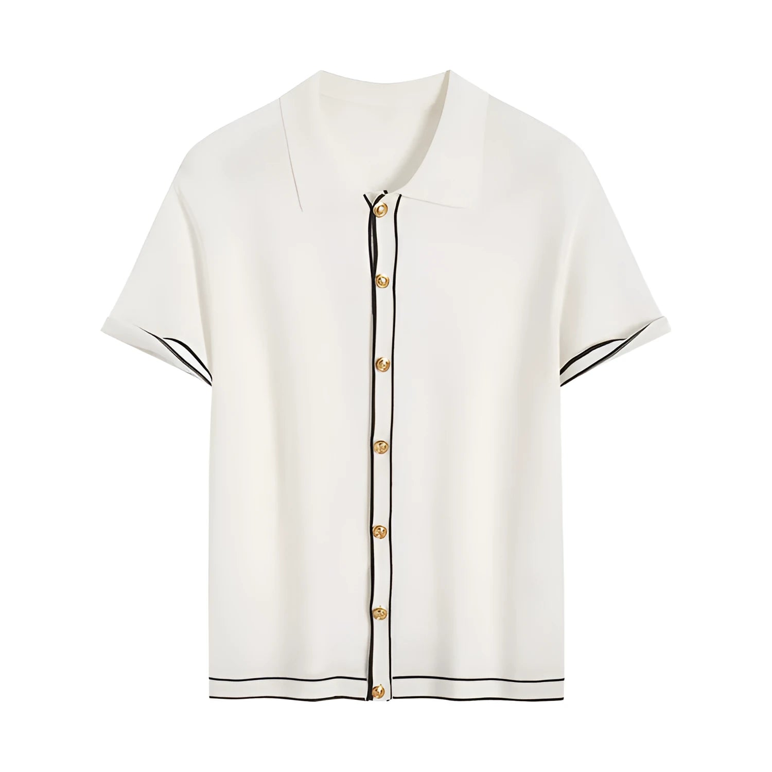 White women's short sleeve cardigan with dark contrast colour lapels on a hanger.