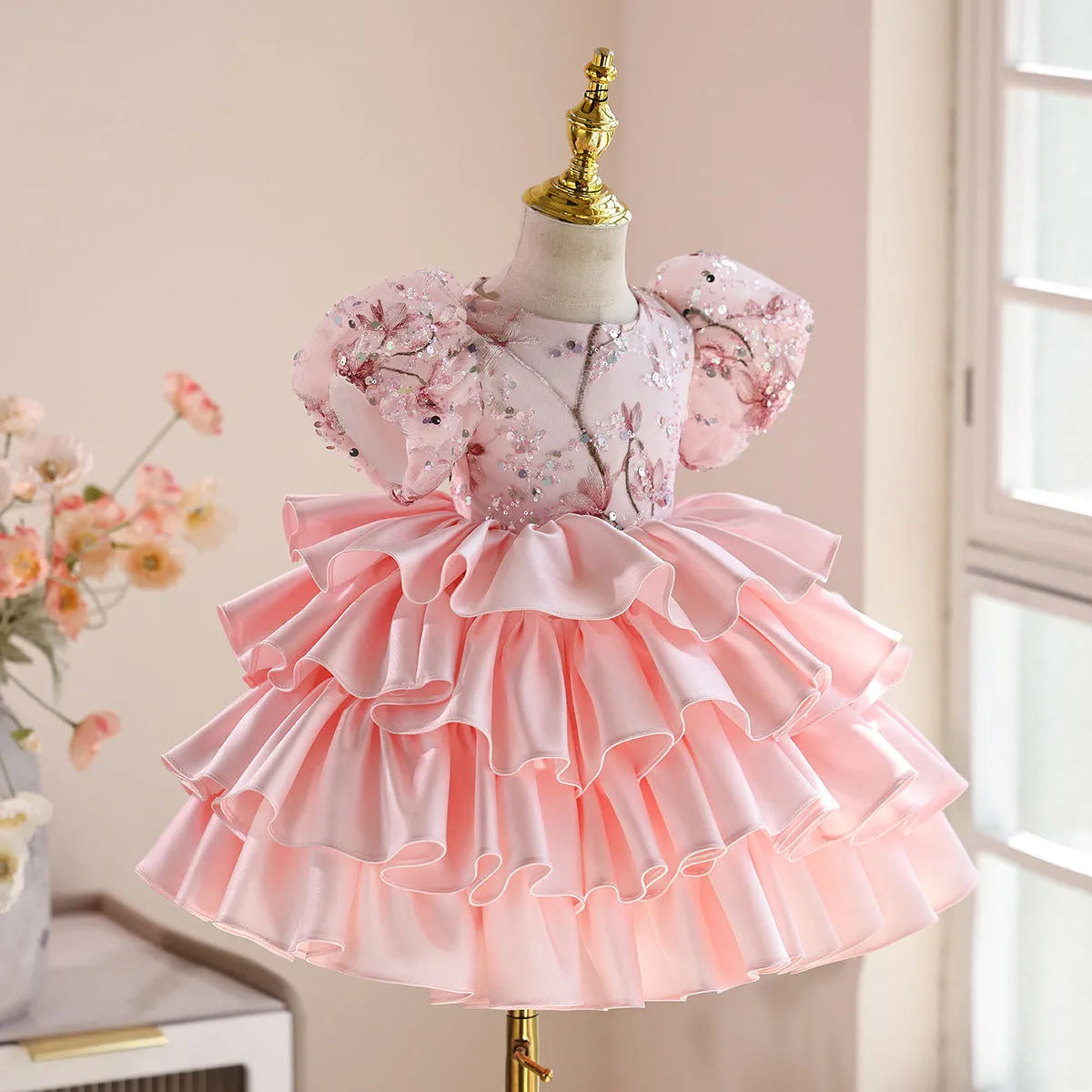 Pink polyester princess dress for baby girl Zhuazhou ceremony light luxury pettiskirt