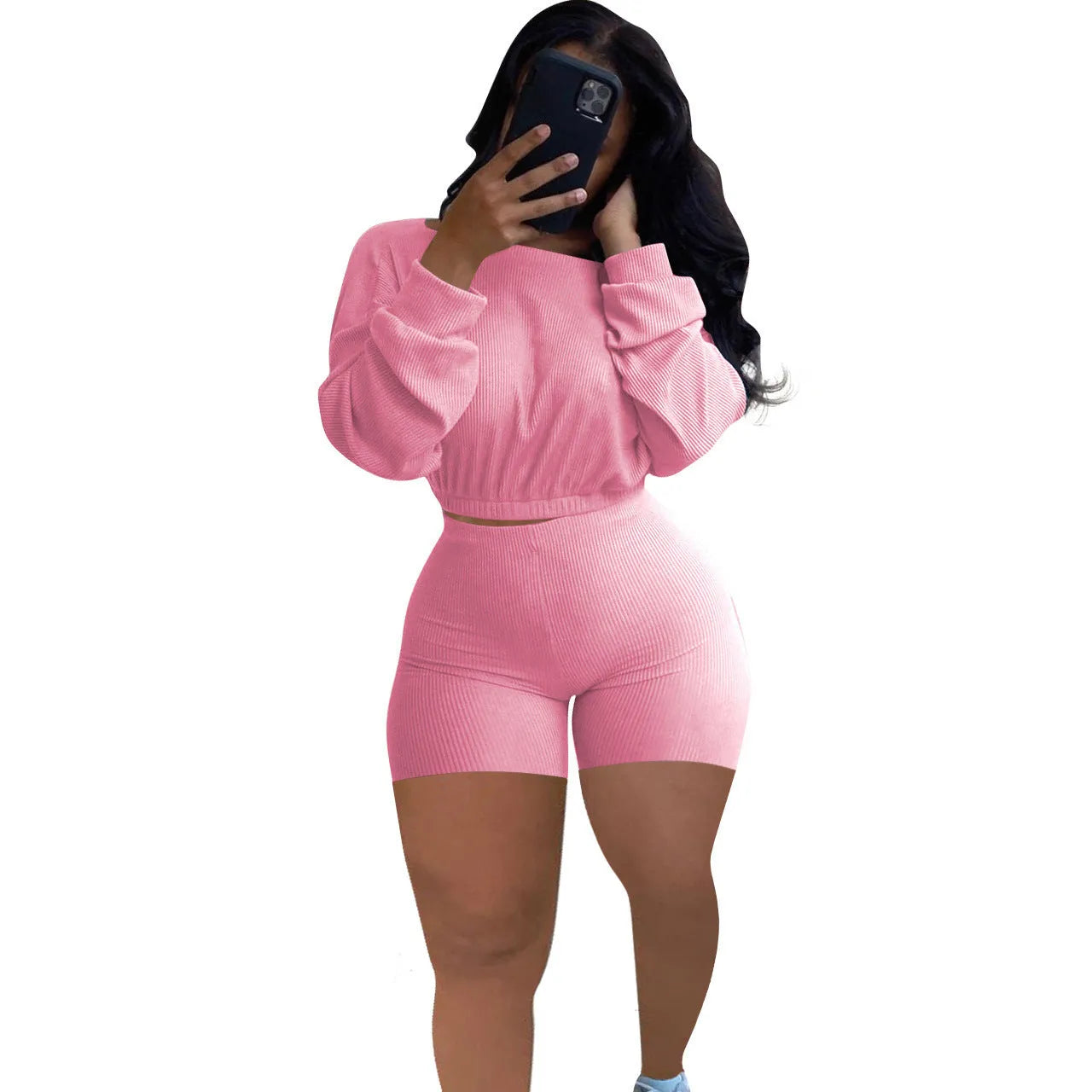 Women's solid colour off-the-shoulder top with sunken stripe detail and matching shorts, a two-piece set with long sleeves.