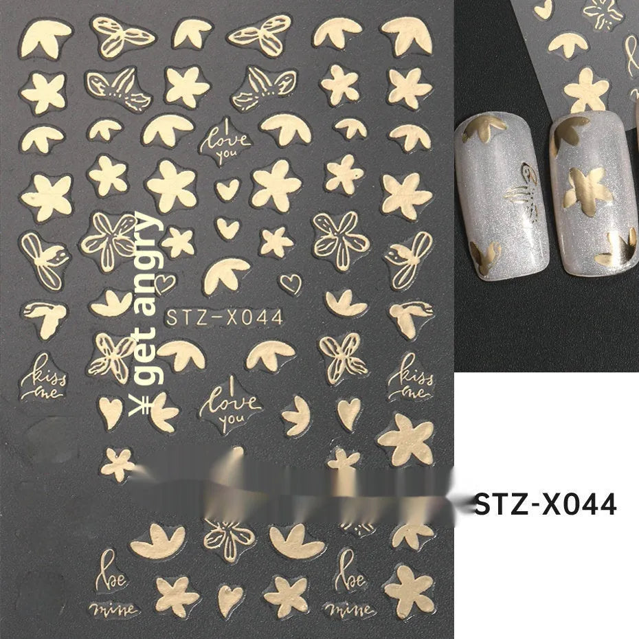 Pack of black and silver striped nail art stickers with cartoon and love pattern designs.