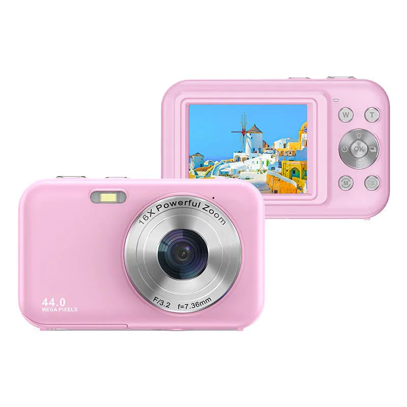 DC406L children's digital mini camera in pink showing 2.4-inch screen and lens.