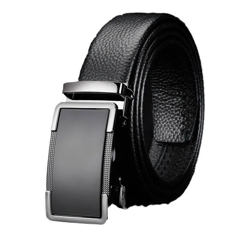 Men's leather belt with automatic alloy buckle in gold, gun black, or silver colour options