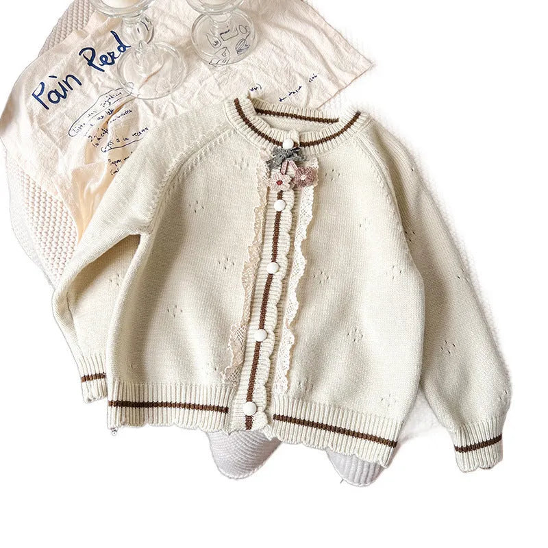 New childrens spring autumn knitted jacket top for girls long sleeve single breasted princess style milky white