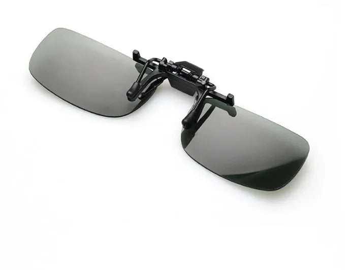 Myopia sunglasses clip for drivers with polarised PC lenses in grey, dark green, and night vision tint options
