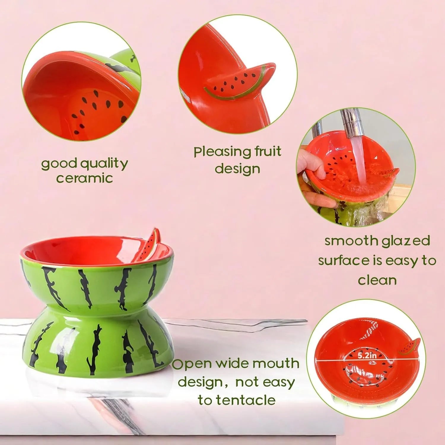 Ceramic raised cat bowl with tilted design in orange, pitaya or watermelon pattern.