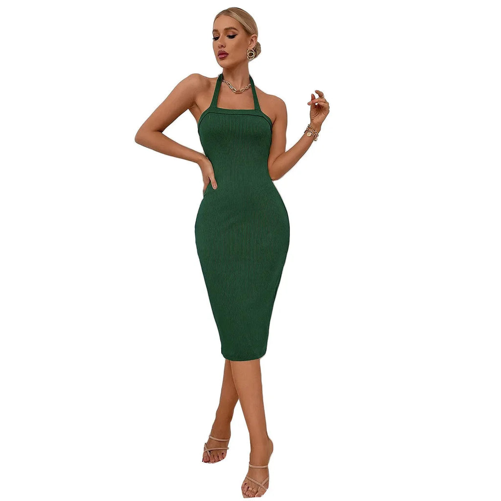 Ribbed mid-waist pencil dress with backless neck strap in green and black polyester, sizes S to XL