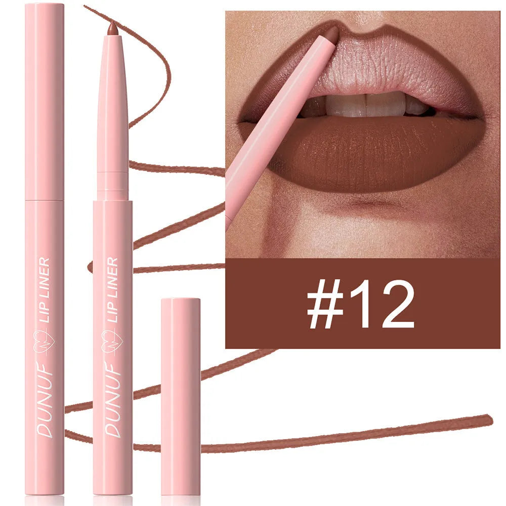 A single velvet matte lip liner pencil shown with a swatch of its colour, representing one of 12 available shades.