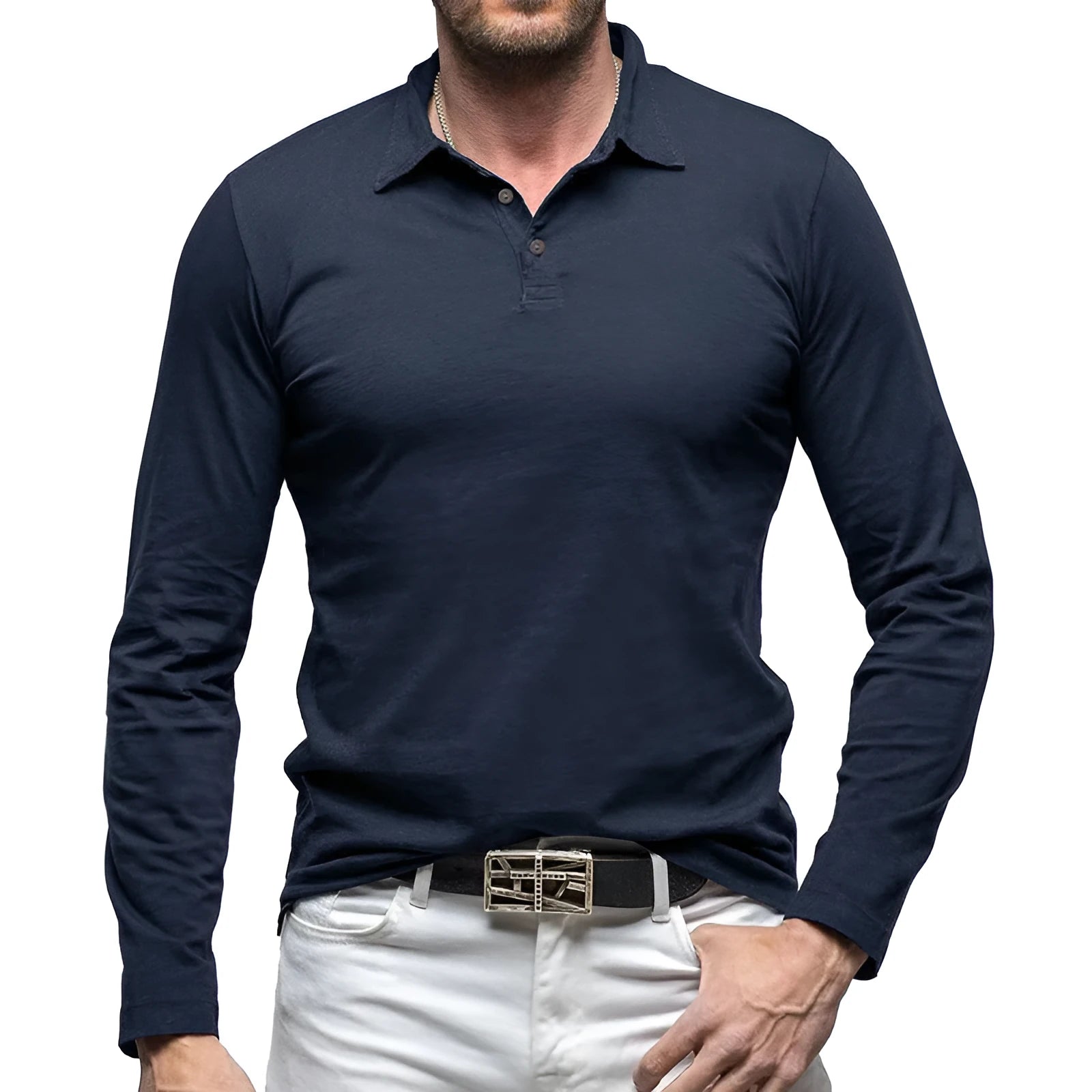Men's long sleeve polo collar cotton T-shirt in American retro style shown in dark grey