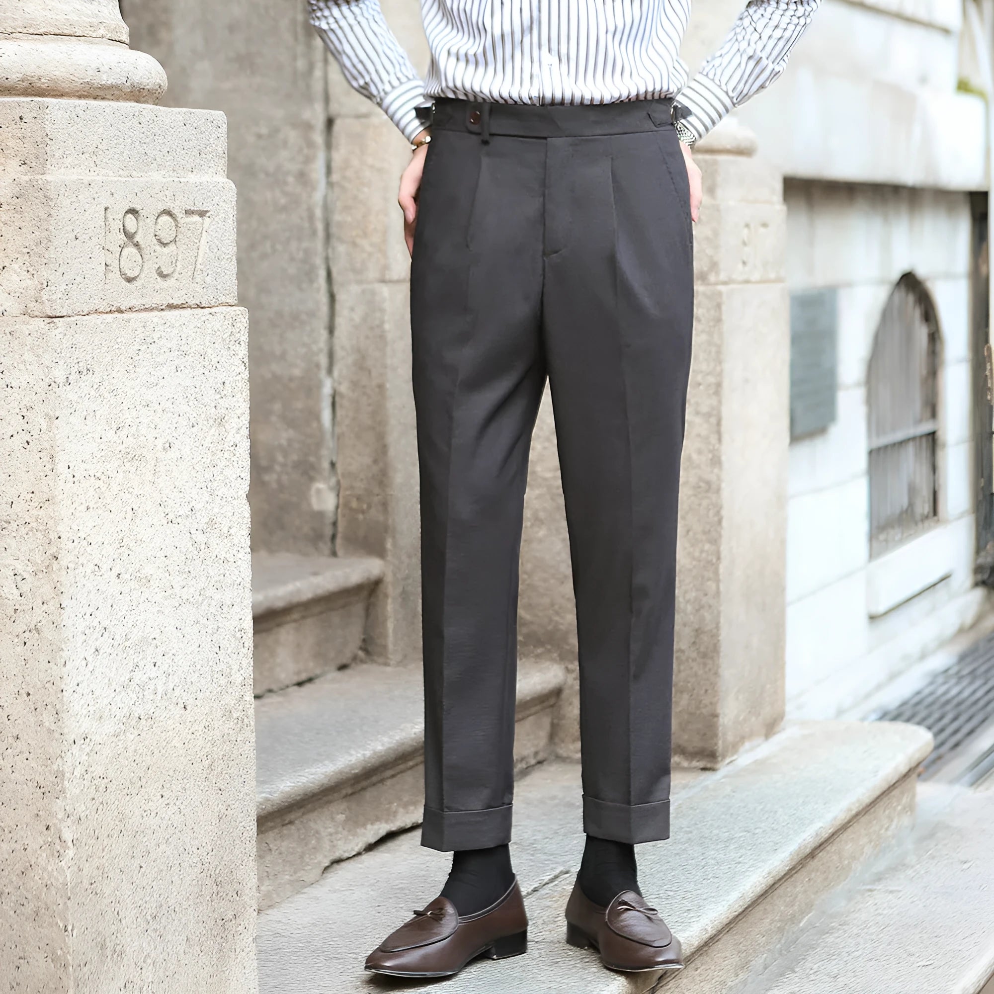 Men's retro straight-leg trousers in dark grey khaki with ironing finish