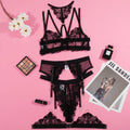 Black women's embroidery stitching mesh bikini bra set showing three-point style.