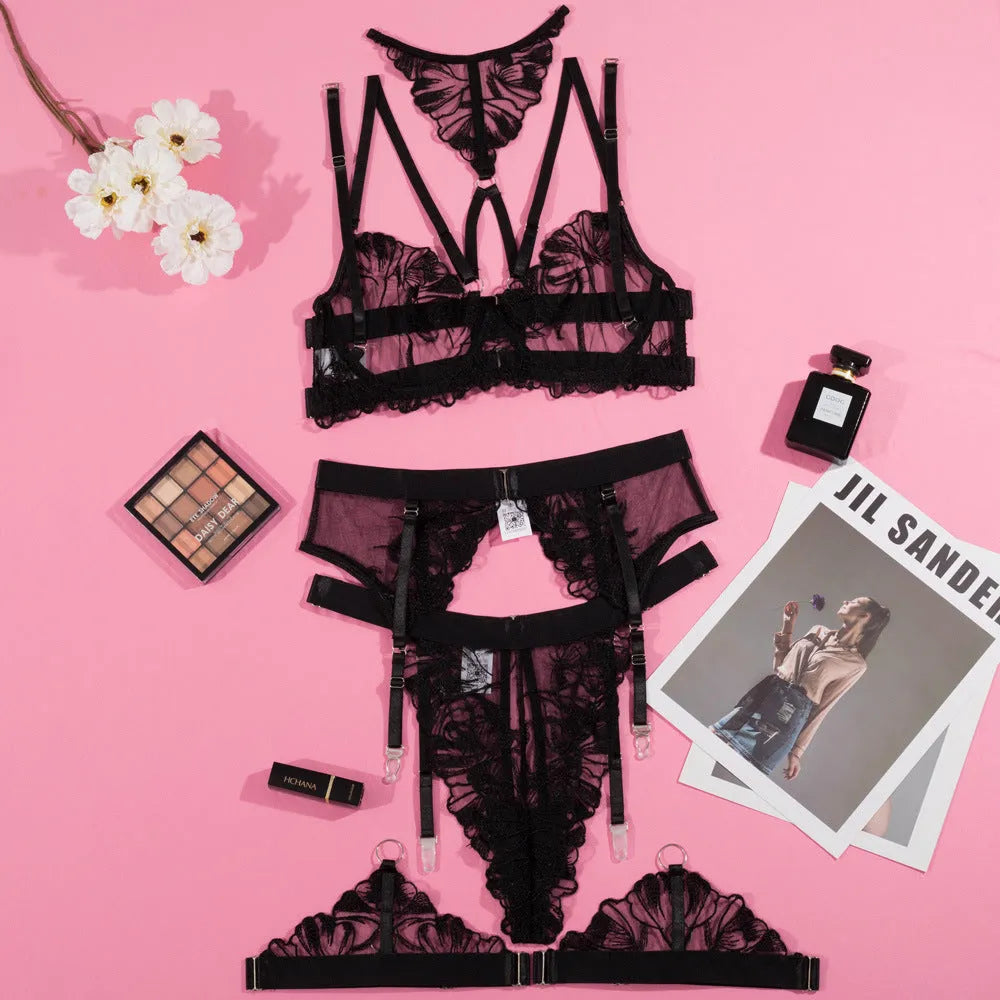 Black women's embroidery stitching mesh bikini bra set showing three-point style.