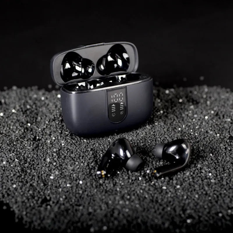 Jerry X08 wireless Bluetooth in-ear headphones with digital display and subwoofer in black grey or white