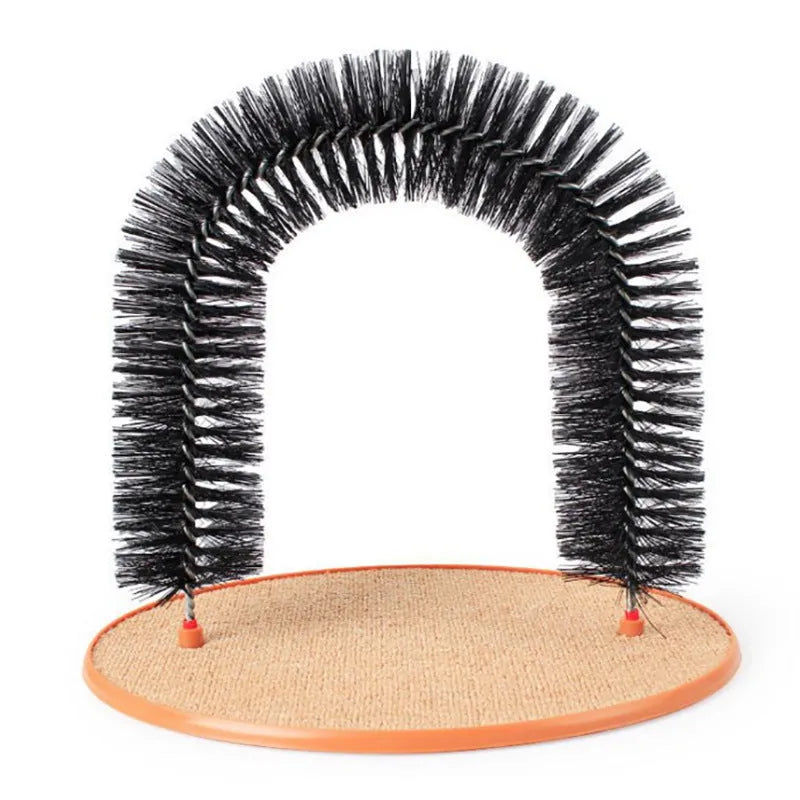 Plastic arch cat grooming station with built-in brush bristles for scratching and rubbing