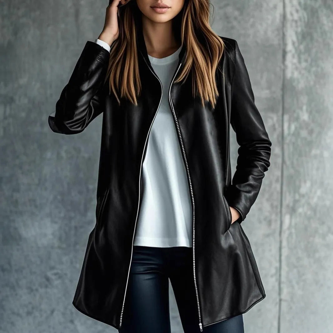 Women's black medium-length leather jacket with long sleeves on hanger