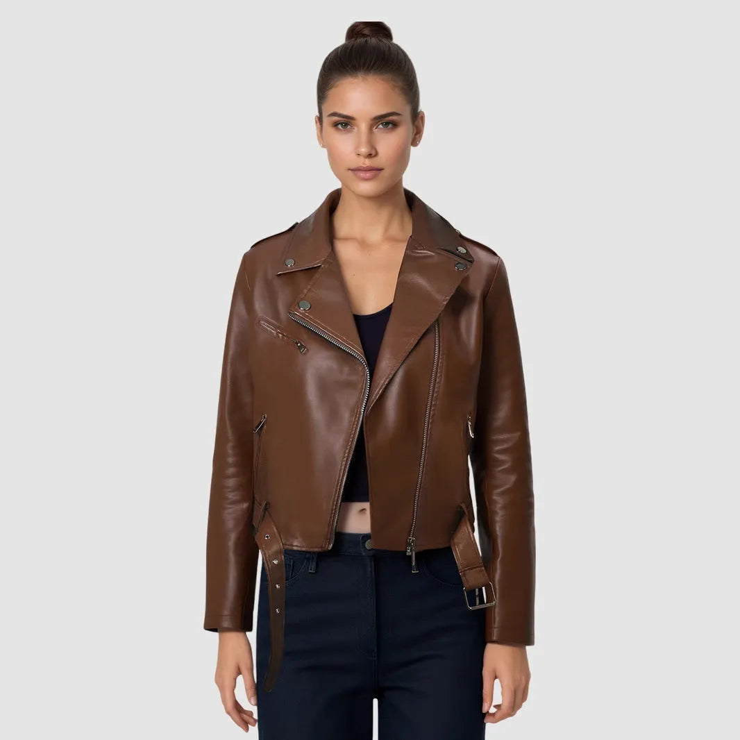 Women's black PU leather motorcycle jacket with short lapel and removable waist belt