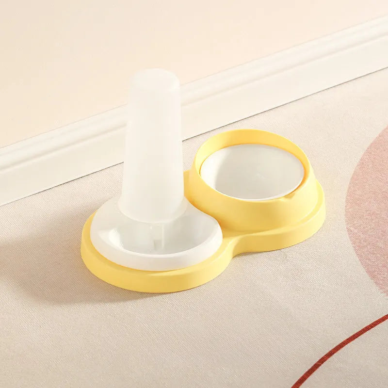 Grey and yellow pet dual feeding bowl with neck protection and non-slip base