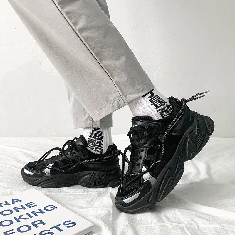 Men's white Korean dad style platform trainers with lace-up front and mesh lining.
