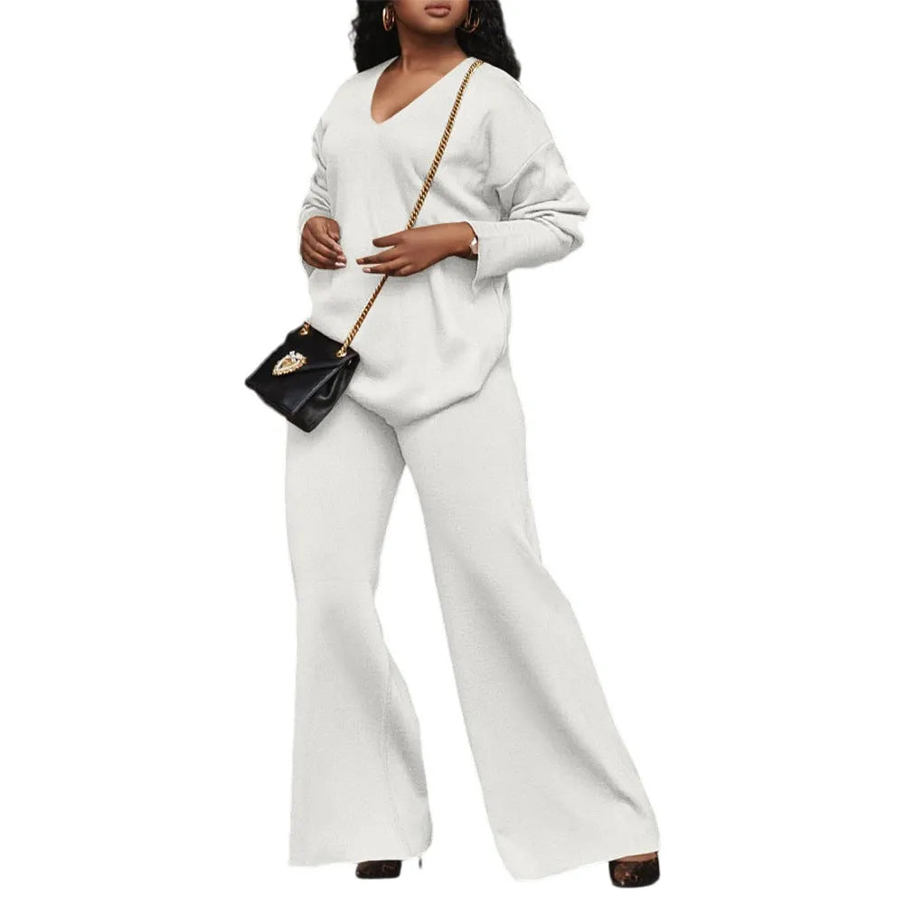 Women's brown thickened suede two-piece suit set with split sleeve design and full-length trousers