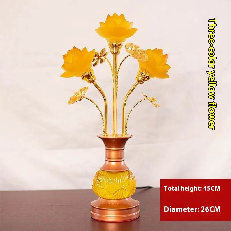 Colored glaze lotus lantern with alloy base, pink floral petals, and LED light for temple worship
