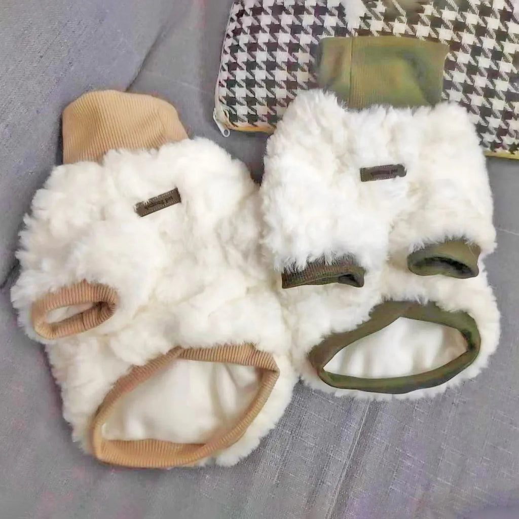 Small and medium dog thick warm turtleneck plush cotton-padded coat in creamy green high collar style on white background