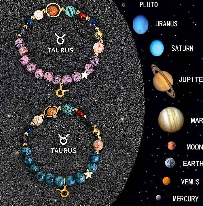 Natural stone zodiac beaded bracelet set showing two matching bracelets with astrology-themed design