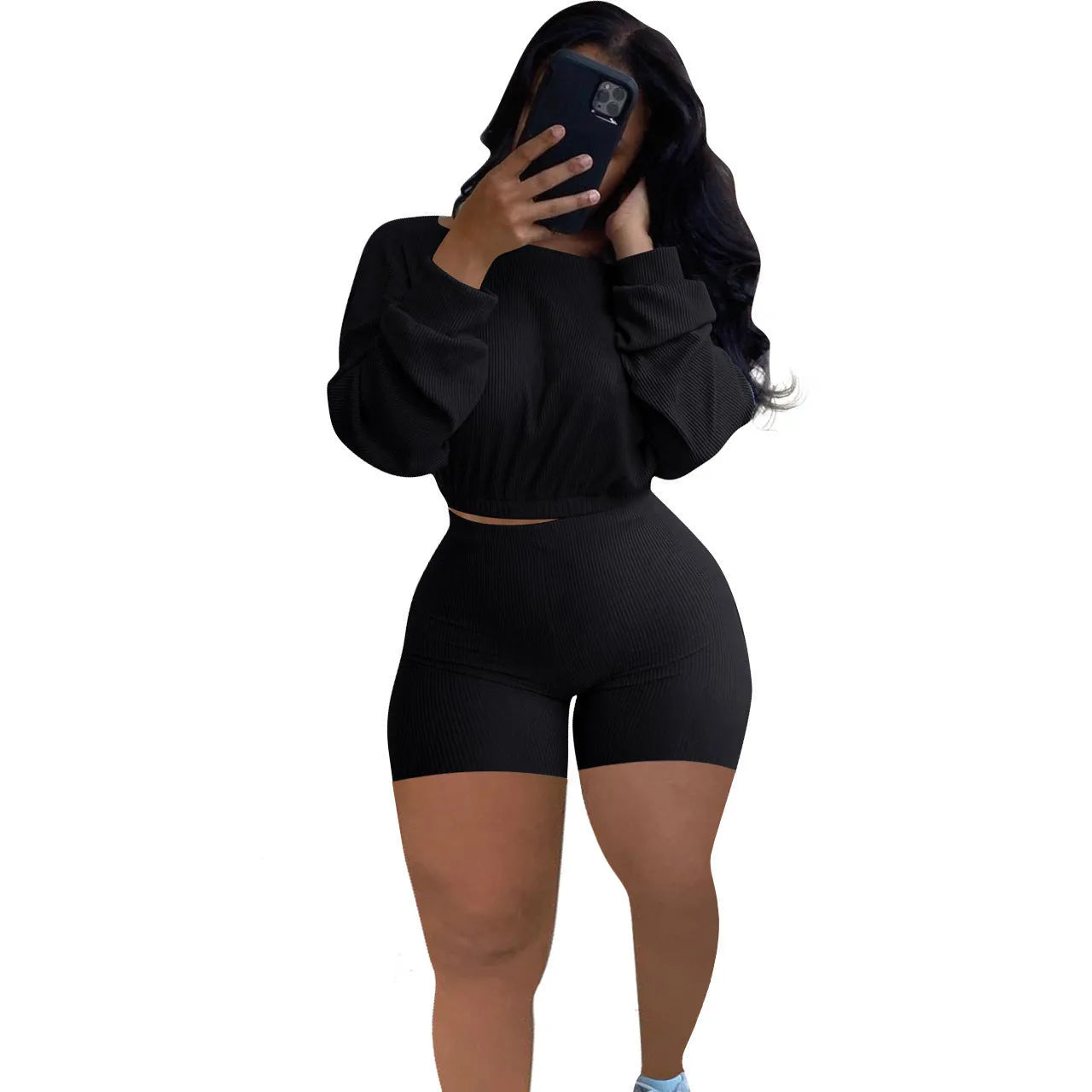 Women's solid colour off-the-shoulder top with sunken stripe detail and matching shorts, a two-piece set with long sleeves.