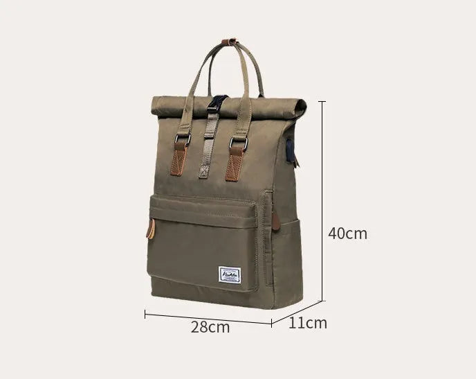Casual polyester backpack with laptop compartment in black, dark grey, or green colours