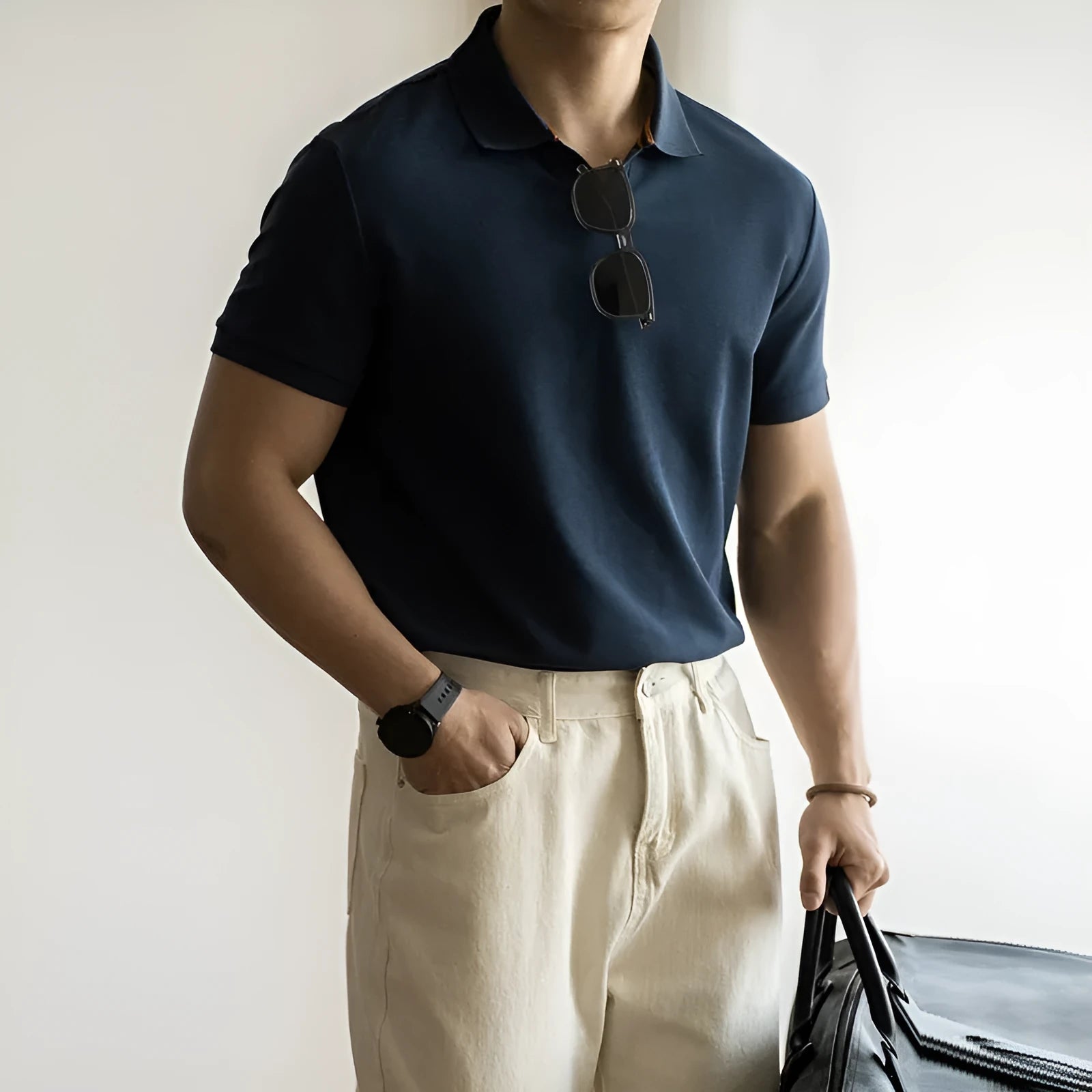 American-style short-sleeved polo shirt in blue cotton blend fabric on hanger
