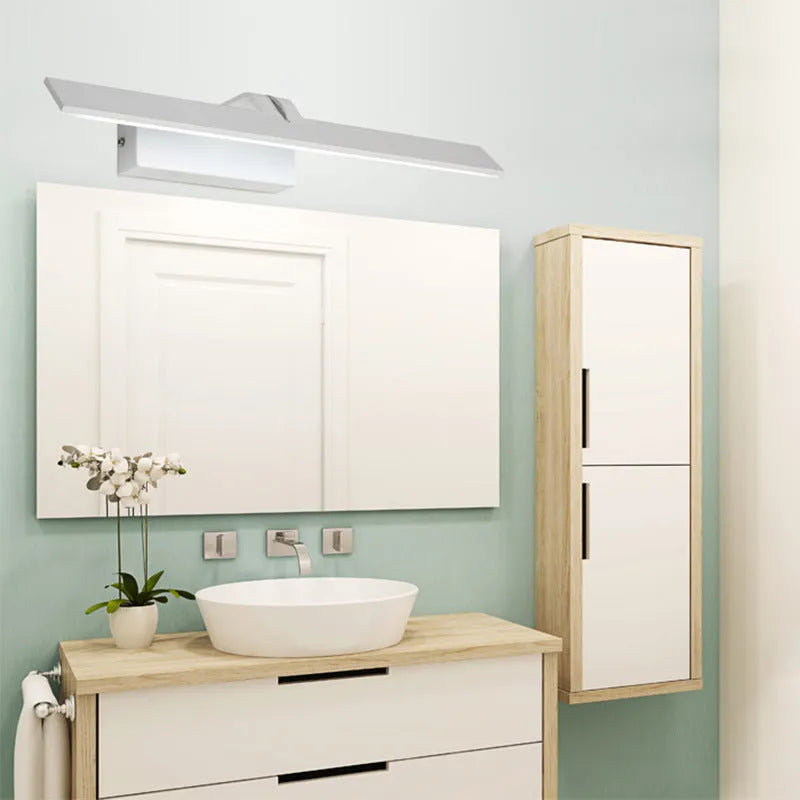 White LED mirror headlight fixture showing three light colour options and size variants for bathroom vanities.