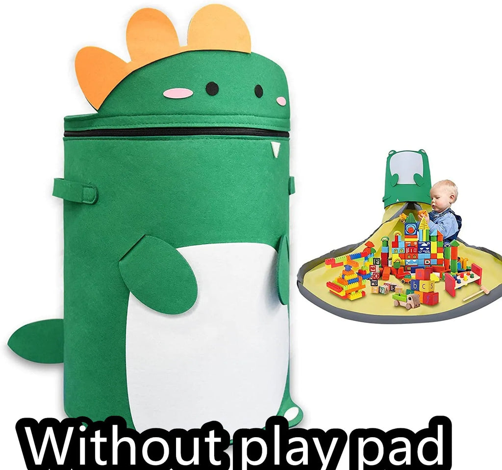 Green felt cube storage bag with pull rope, laid flat as a play mat for toys.