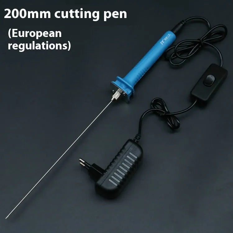 Blue electric heating foam cutter pen with plastic handle and long metal blade on a workbench.