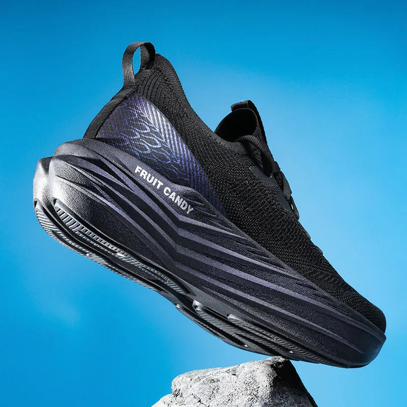 Summer road running shoes with breathable pu mesh upper in Shadow Black colour, low top flat heel design for men