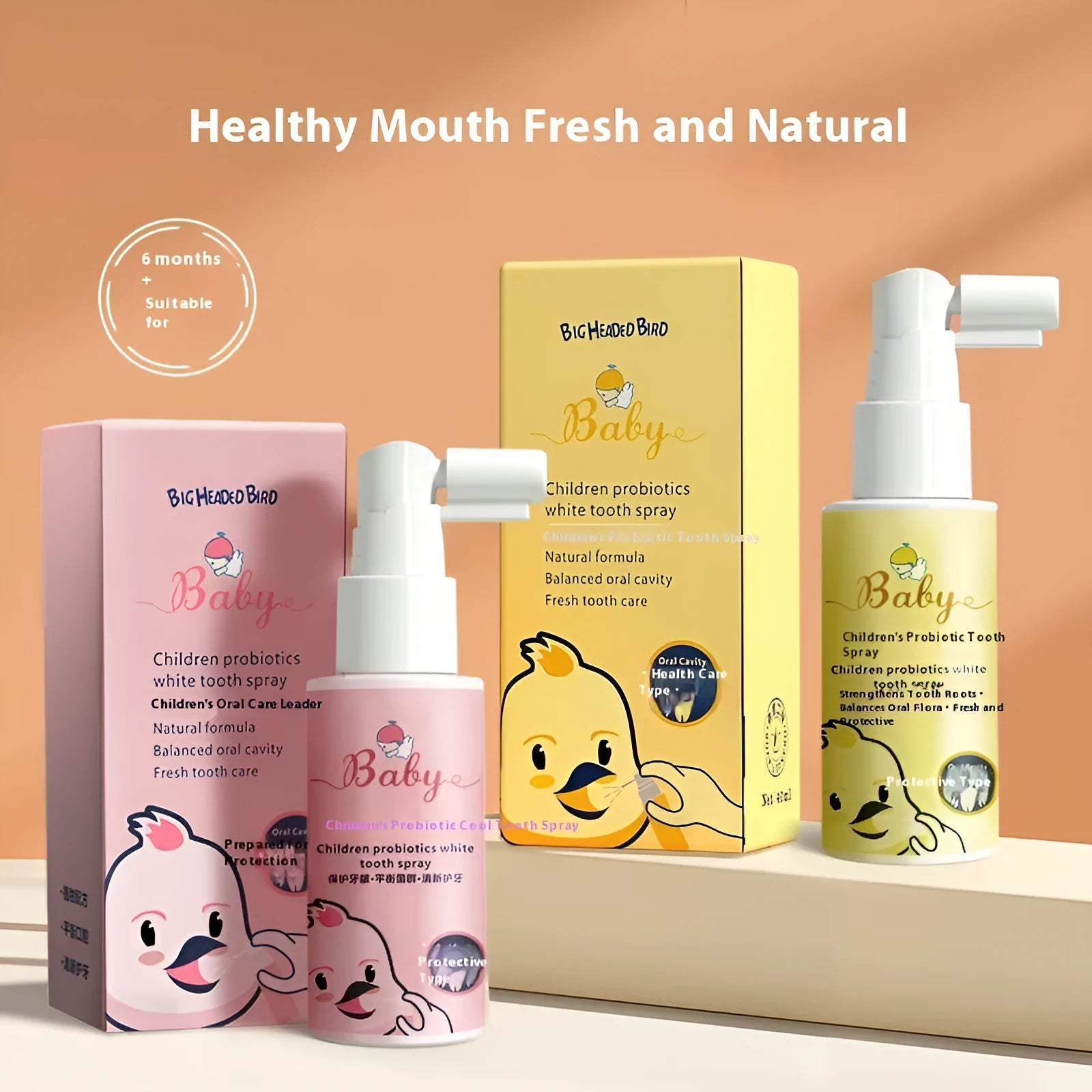 Children's probiotics oral spray bottle with strawberry and orange flavour options for teeth cleaning