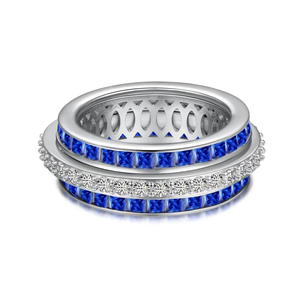 Rotary decompression ring S925 sterling silver with diamond inlay, geometric round shape, women's size 7 blue colour