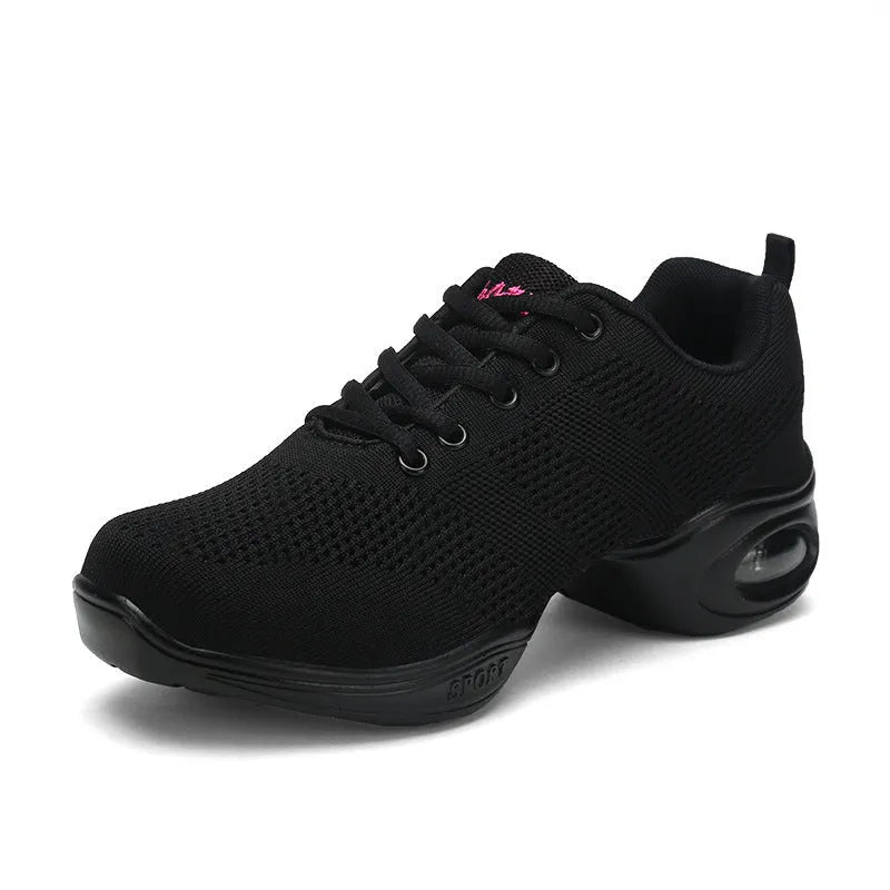 Women's white breathable fly woven mesh dance shoes with a soft PU sole on a light background.