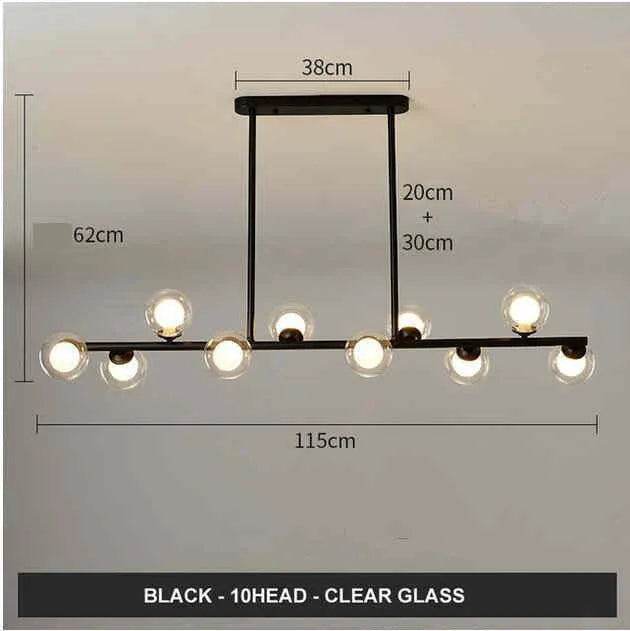 Modern minimalist glass bubble ball chandelier with black iron body and clear glass shades in a Nordic style