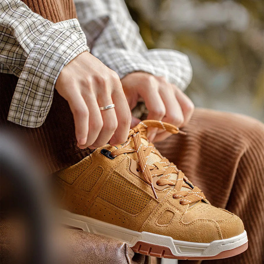 Retro suede platform bread shoes in wheat colour with lace-up closure and round toe design
