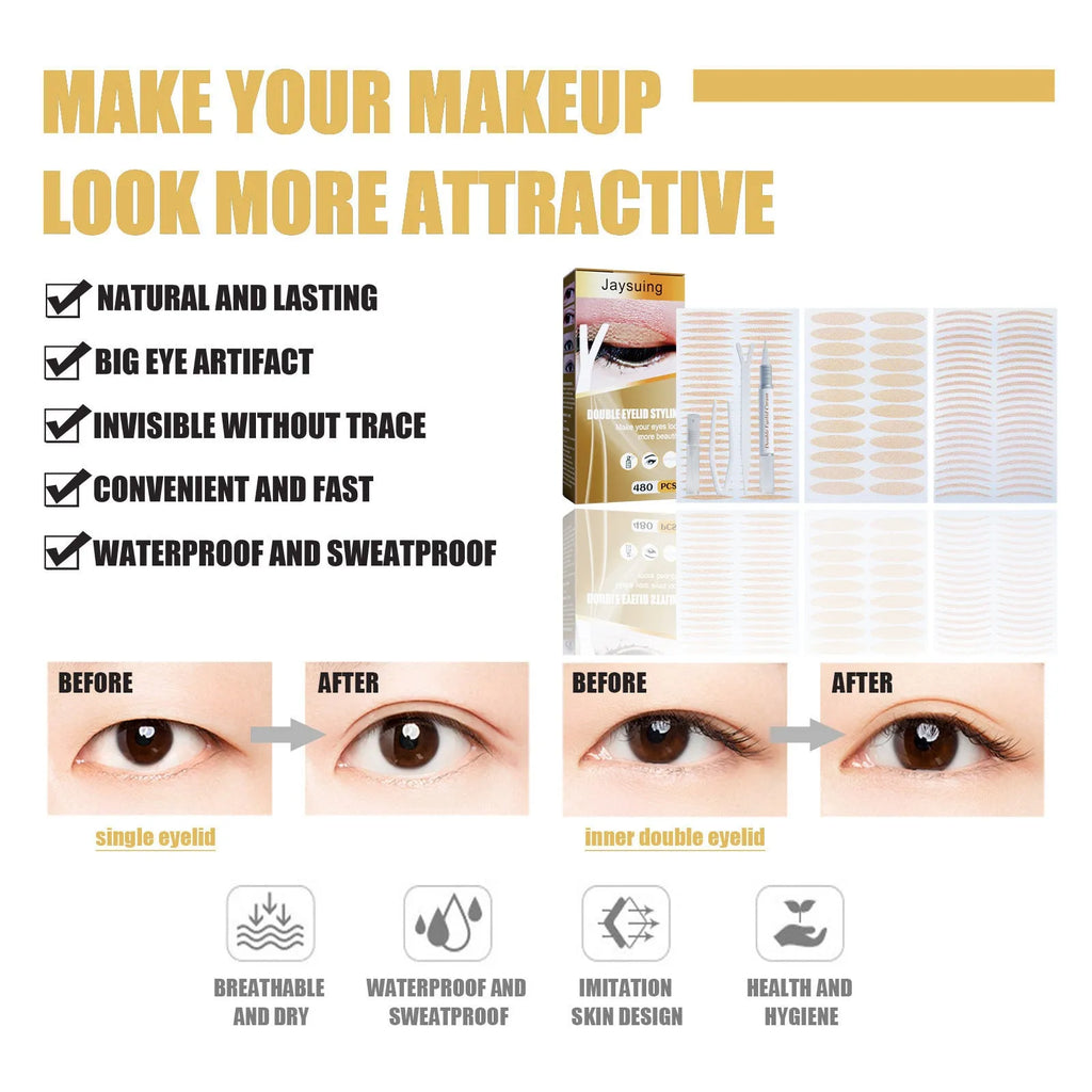Double eyelid sticker set with 12 sheets and application tools including Y clip and spray bottle