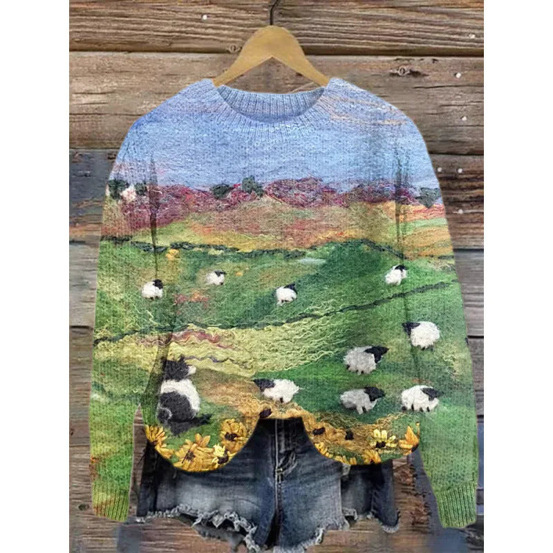 Little Flower digital printed round neck polyester sweater shown in one of twelve available colours.