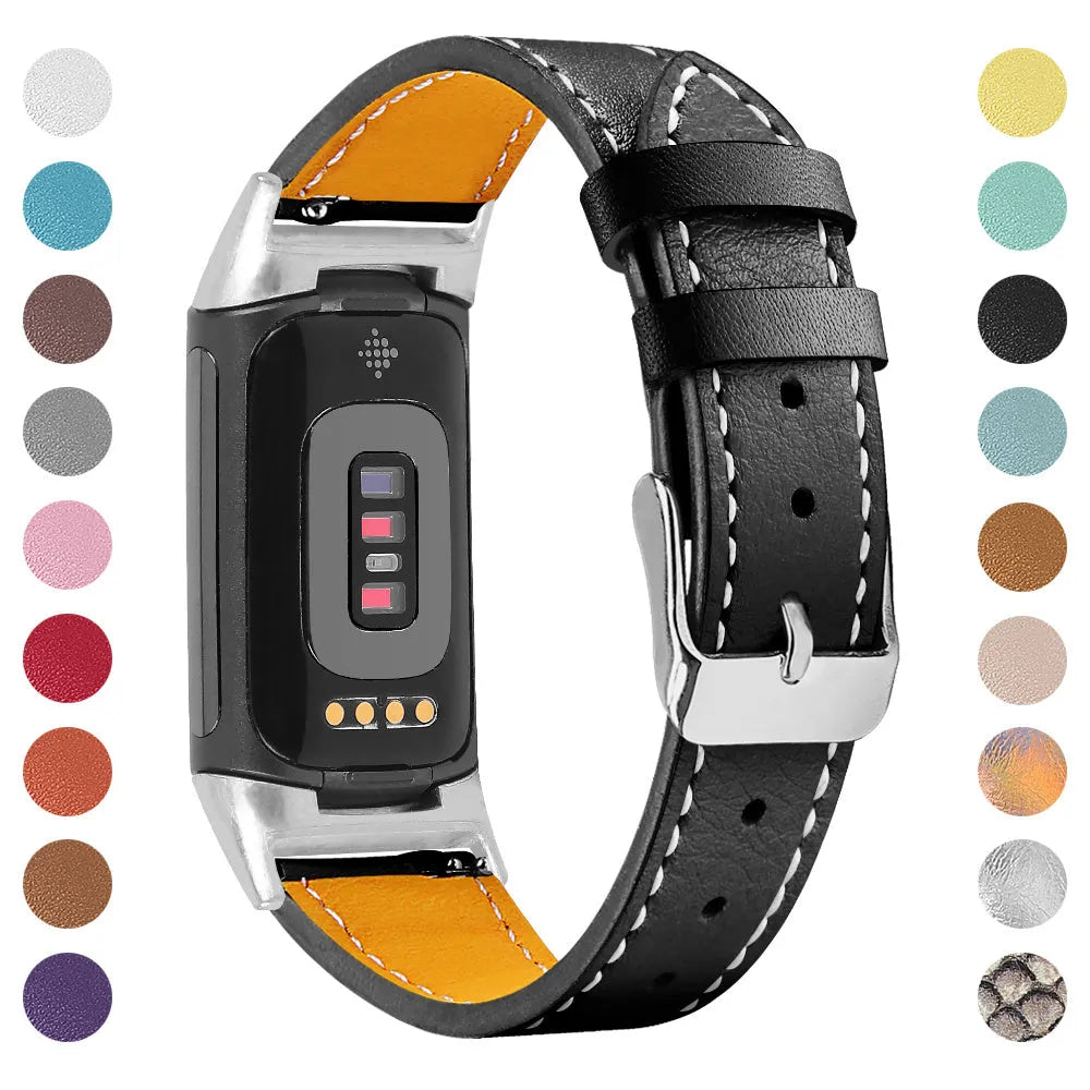 Genuine cowhide leather replacement watch strap for Fitbit Charge 5 and Charge 6 smartwatches.