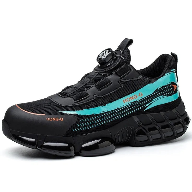 Lightweight low-top work safety shoe with a Flyweave upper, front lacing, and a steel toe cap.