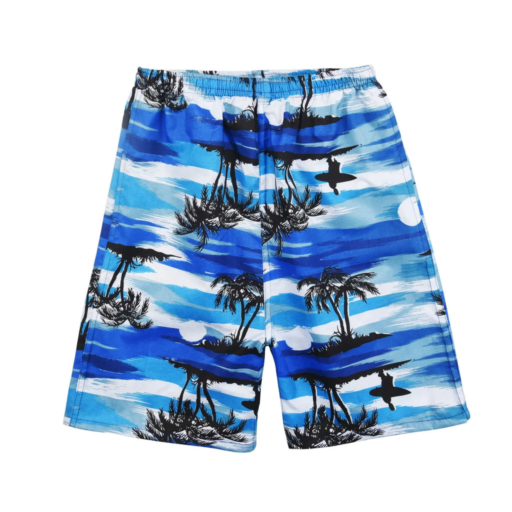 Men's floral print five-point swimming trunks in polyester, showing one of 24 available colour patterns.