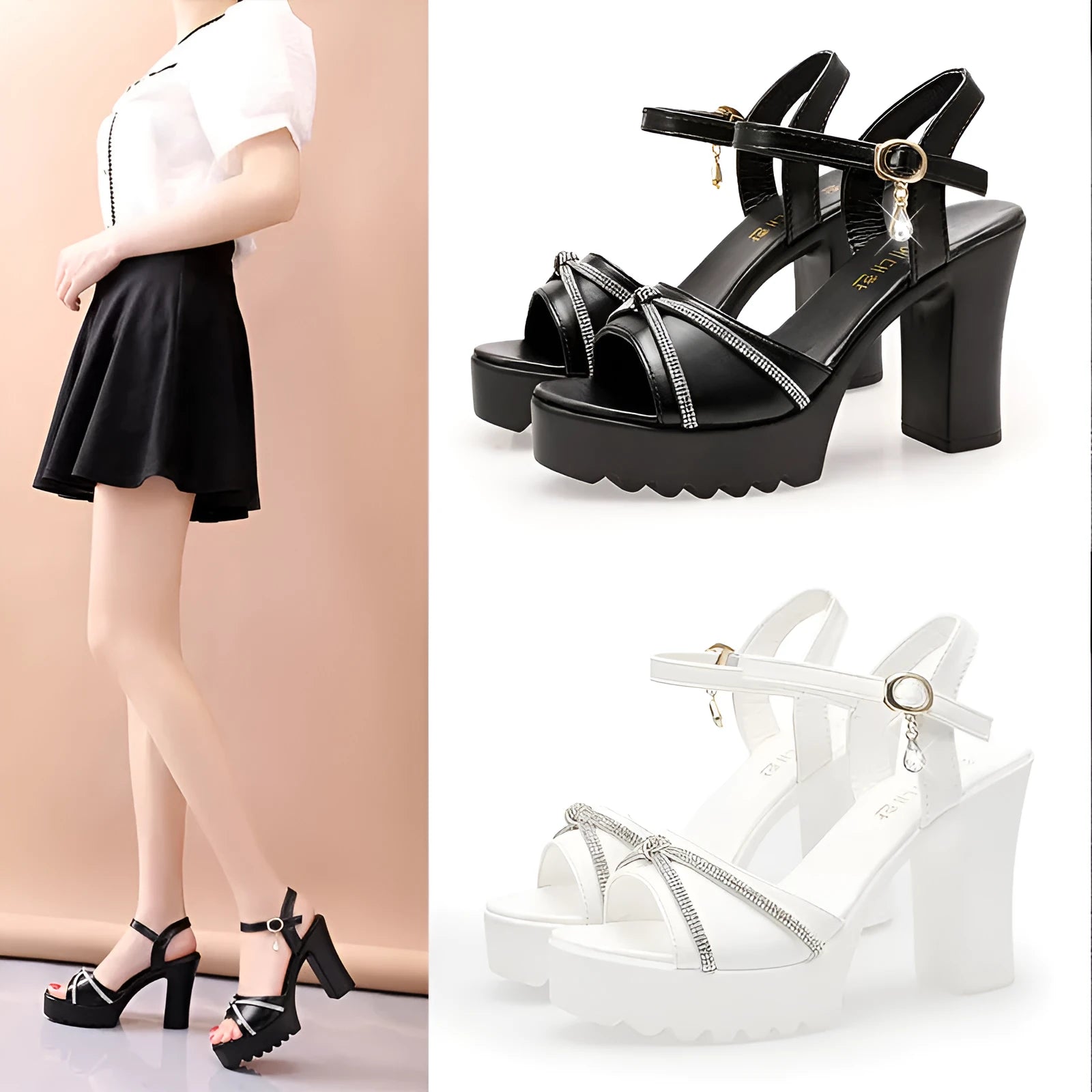 Women's high heel sandals with T6 strap in black PU, side view, size 38