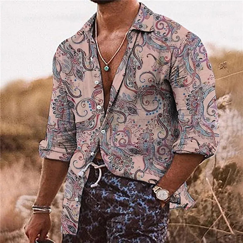 Men's loose fit bohemian shirt with detailed 3D floral pattern printing on polyester fabric