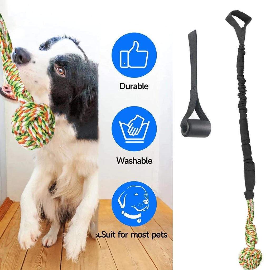 Cotton thread dog tug-of-war rope toy in red, shown with a dog during play.