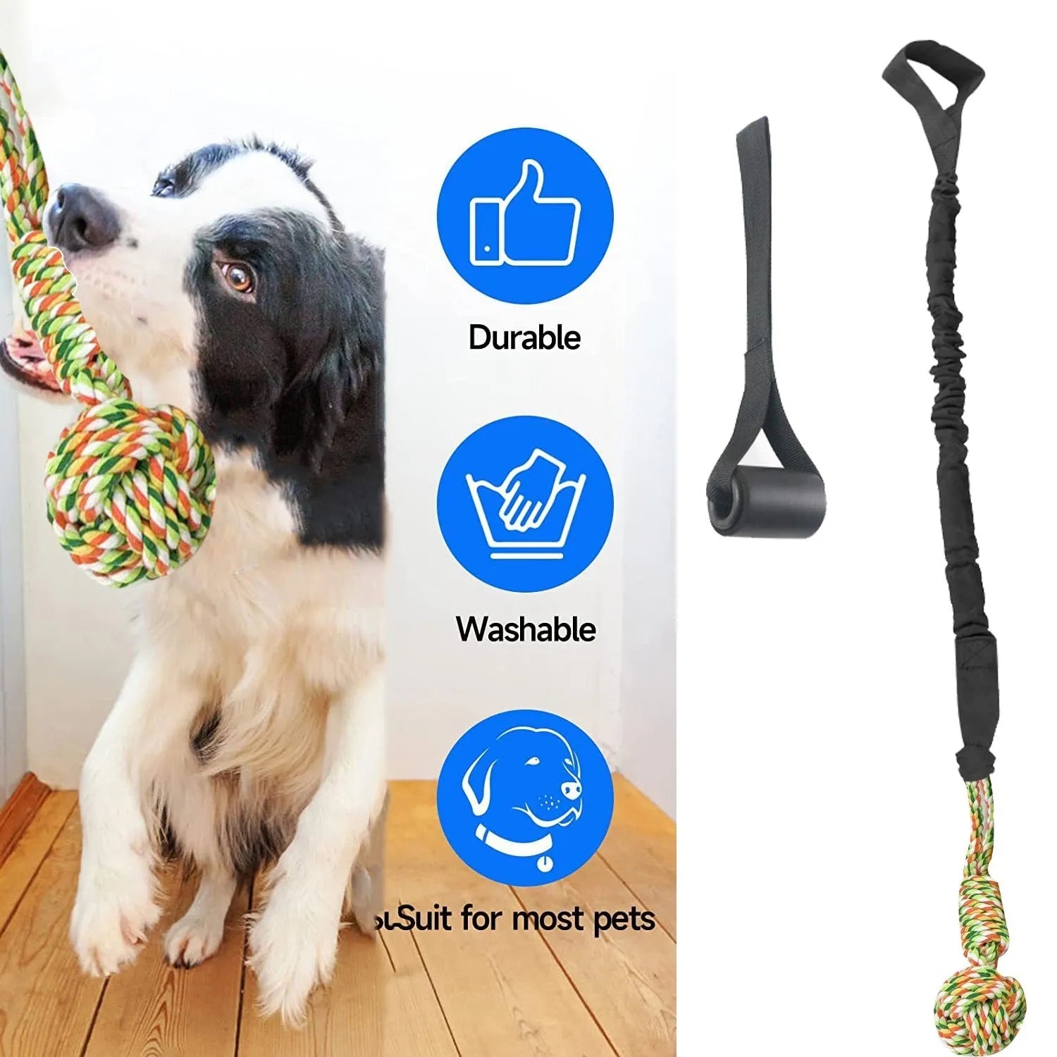 Cotton thread dog tug-of-war rope toy in red, shown with a dog during play.