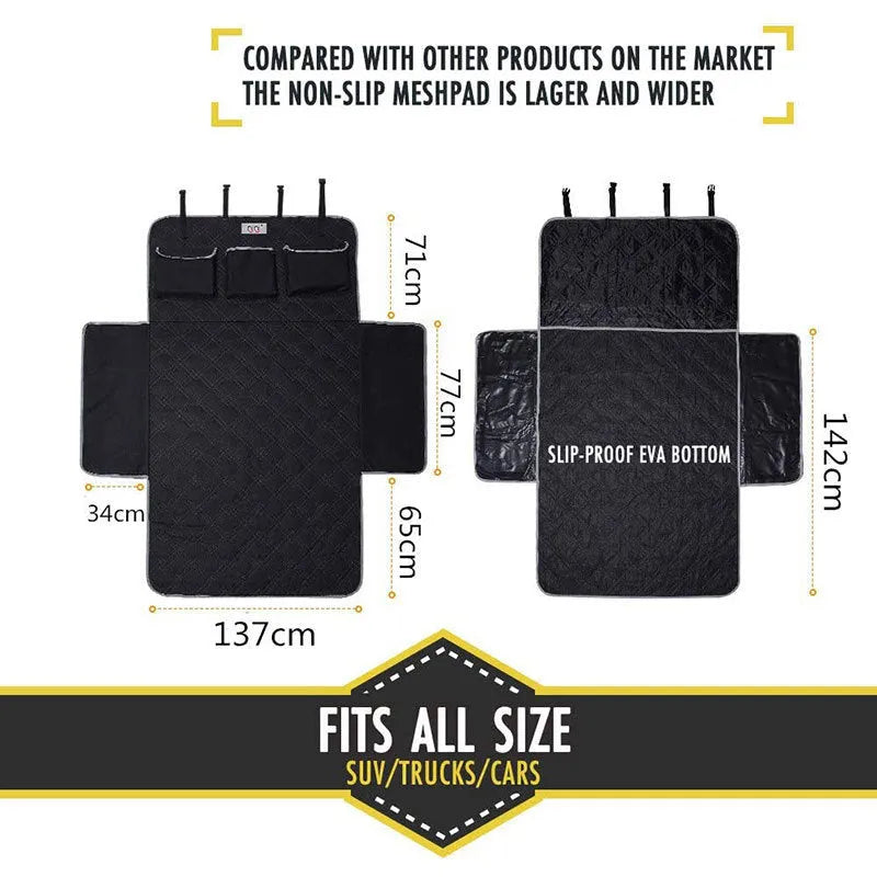 Black 600D Oxford cloth pet car trunk mat measuring 185x103cm with pockets for dog travel